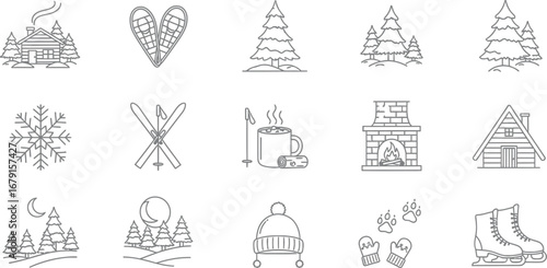 Winter icons isolated on white background featuring cabin, snowshoes, pine trees, snowflake, skis, hot drink, fireplace, and ice skates