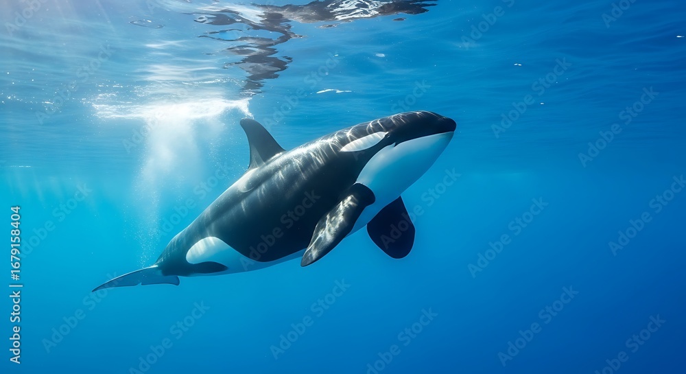 Naklejka premium An orca swimming in the ocean, with sunlight filtering through the water.