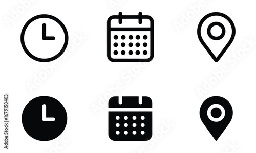 Set of six black interface icons including clock, calendar, and location pin in outline and solid styles for app and web design elements