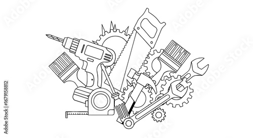 Tools and gears arranged in illustration. Construction, repair, equipment, workshop, instrument, mechanical, engineering, industry.