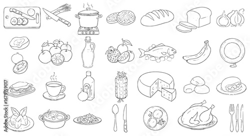 Collection of food elements outlined. Illustration of meal ingredients and produce. Culinary, nutrition, recipe, cooking, health, diet