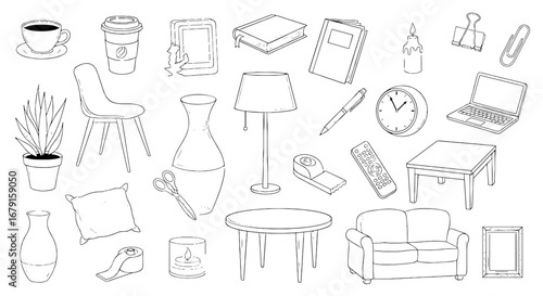 Office objects illustration on white background. Home decor, furniture, stationery, comfort, drawing, still life, simple, creative, office supplies, interior.