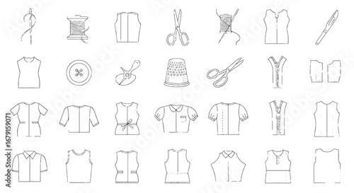Sewing icons and garment design. Sewing tools and apparel patterns in outline style. Fashion, tailoring, clothing design, crafts, hobby, textile, needlework.