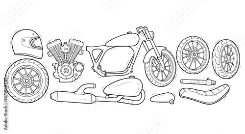Motorcycle parts are drawn. Automotive design, vehicle, engineering, transportation, technology, mechanics, motorbike project