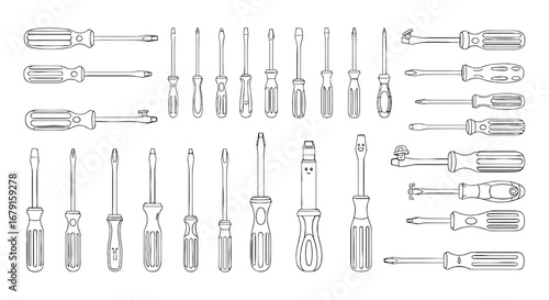 Outline of screwdrivers collection, various sizes and shapes. Tools, repair, diy, hardware, equipment, maintenance, precision, mechanical, engineering, crafting