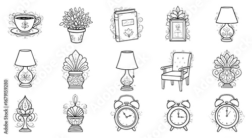 Collection of line art home decor elements. Interior design, antiques, furniture, style, decorations, vintage, comfort, art, outline, sketch, drawing.