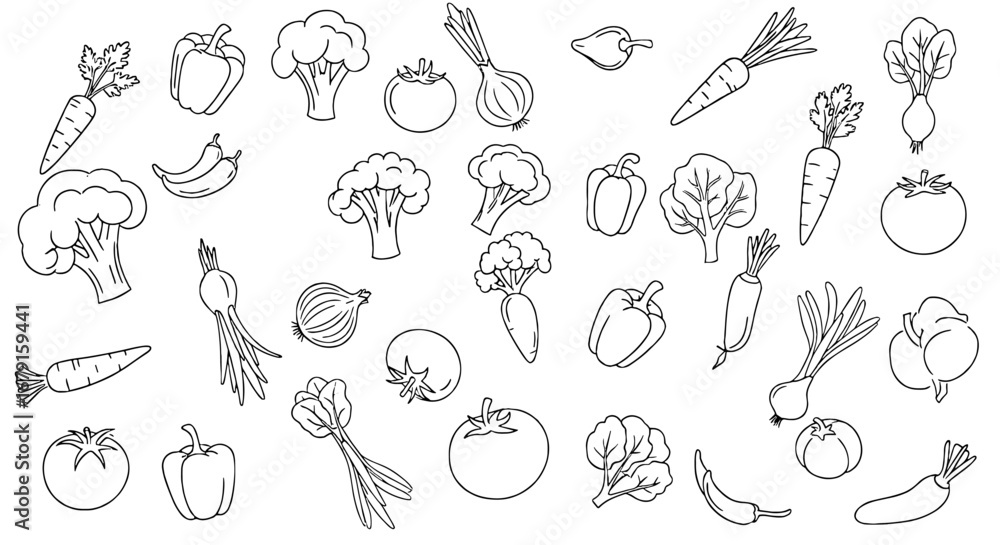 Fototapeta premium Vegetables illustration for coloring pages. Food drawing, healthy, organic, produce, cooking, meal prep, nutrition, wellness.