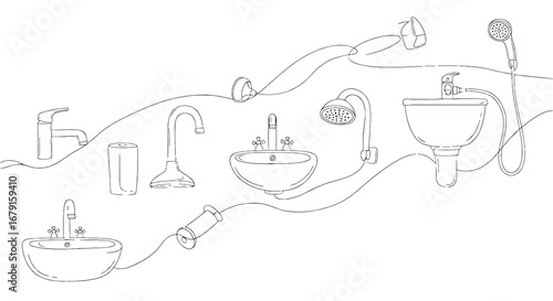 Bathroom plumbing fixtures illustrated. Sanitary ware, faucet, sink, shower head, home design, hygiene, water, cleanliness.