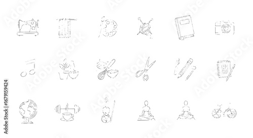 Hobbies line art icons showcase diverse interests. Crafts, music, yoga, travel and more represented. Creative pursuits, recreation, leisure activities, lifestyle