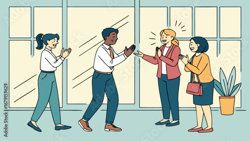 A diverse team of colleagues are celebrating a successful project in the office, clapping hands and showing support for each others achievements