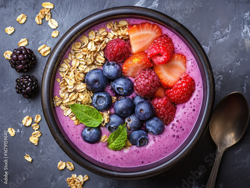 Healthy smoothie bowl with fresh berries, banana, peach and granola, colorful vegan breakfast with nutritious fruits, clean eating concept for healthy lifestyle and food photography