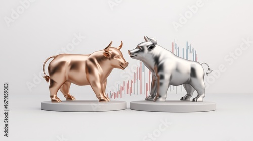Bronze and silver bull statues facing each other set against a minimalist white background with a candlestick chart