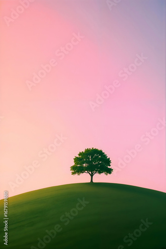 Wallpaper Mural Lone green tree on grassy hill under pastel sunset sky Torontodigital.ca