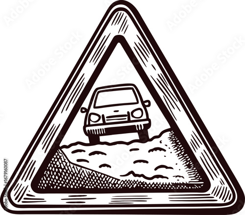 Hand drawn triangular warning sign with car driving off road skidding in mud engraved illustration