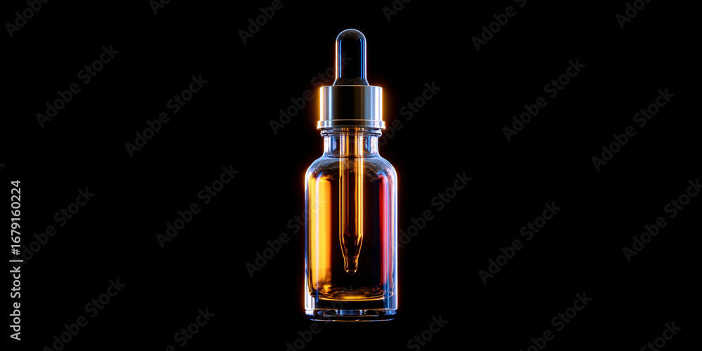 Naklejka premium Amber glass dropper bottle on black background with dramatic lighting, minimal skincare cosmetic styling for premium beauty advertising visuals - AI generated