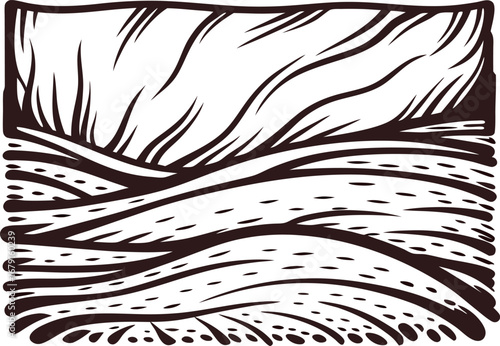 Hand drawn engraved illustration of wooden plank with swirling grain pattern and rustic texture