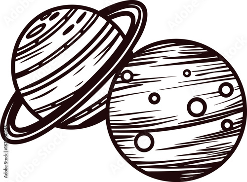 Hand drawn illustration of two planets with rings and craters in vintage engraved