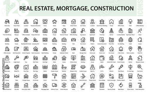 Realestate, Mortgage, housing professional line icon set. Modern real estate construction property vector pack of mortgage, finance, economy, investment, urban growth, business