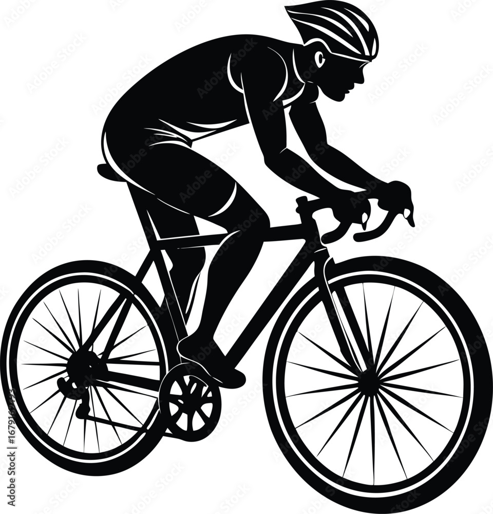 Obraz premium Dynamic silhouette of a cyclist in full motion on a clean white background