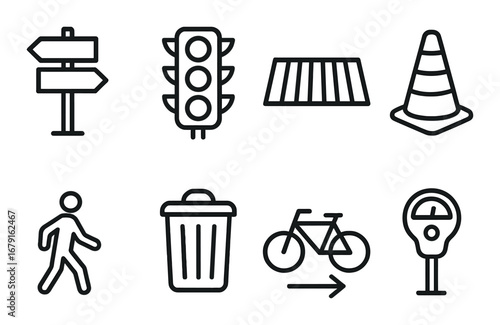Urban traffic icons: signs, signals, and symbols for city navigation