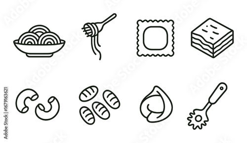 Variety of pasta icons on olive green background
