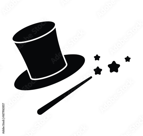 Black top hat and magic wand with stars illusion