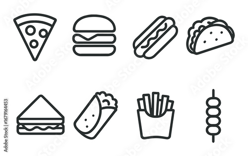 Icon set of popular fast food items including pizza and burgers in retro style