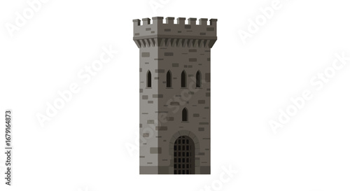A tall gray castle tower with battlements and barred windows on a white background