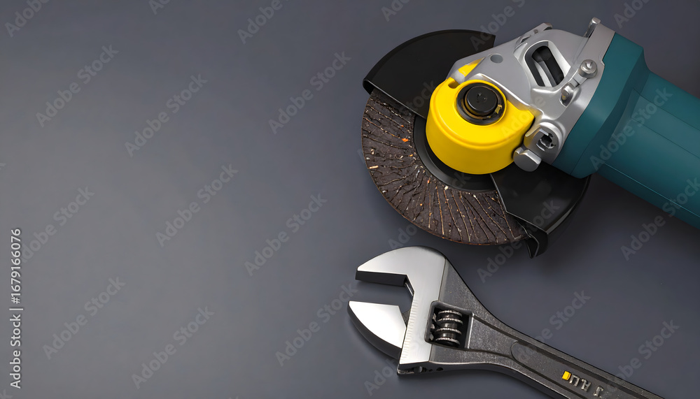 Fototapeta premium A close-up of a DIY project setup with an electric drill, wrenches, and tools