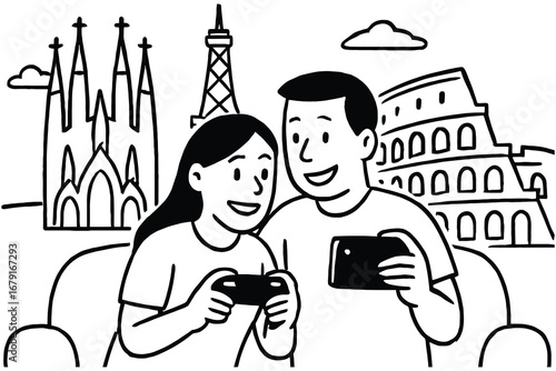 couple playing games, travel landmarks, black and white clip art preview