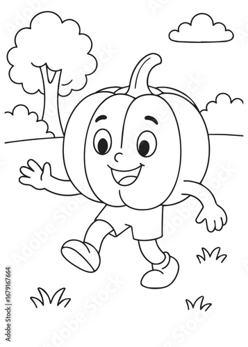 coloring book page of a pumpkin jogging in the park.