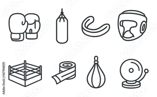 Boxing equipment icons featuring gloves, punching bag, mouthguard, and ring bell