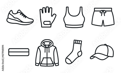 Sports equipment icons: shoes, gloves, sports bra, shorts, dumbbell, hoodie, sock, cap