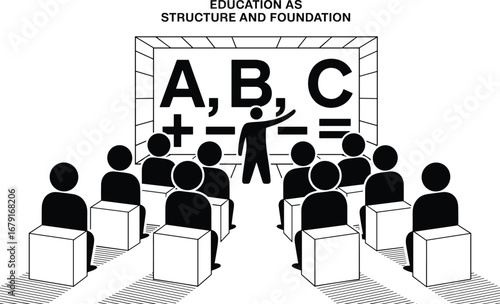 Teacher instructing students in a classroom with abcs and math symbols on the board