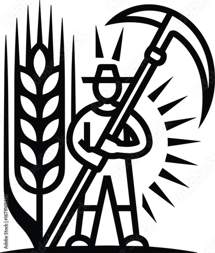 Stylized farmer with scythe and wheat stalk symbolizing agriculture and harvest