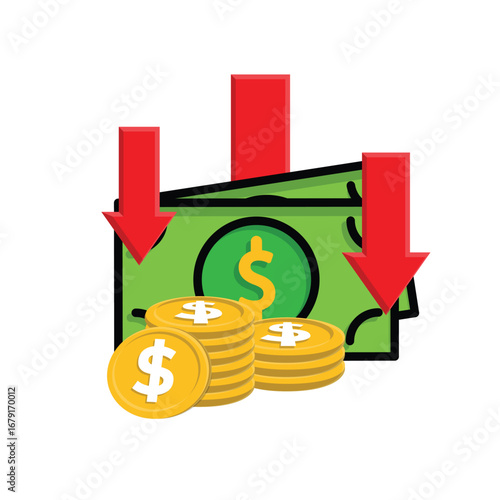Money icon. depreciation. Stack of coins and banknotes with three downward arrow. paying, economy, financial. Isometric design style.