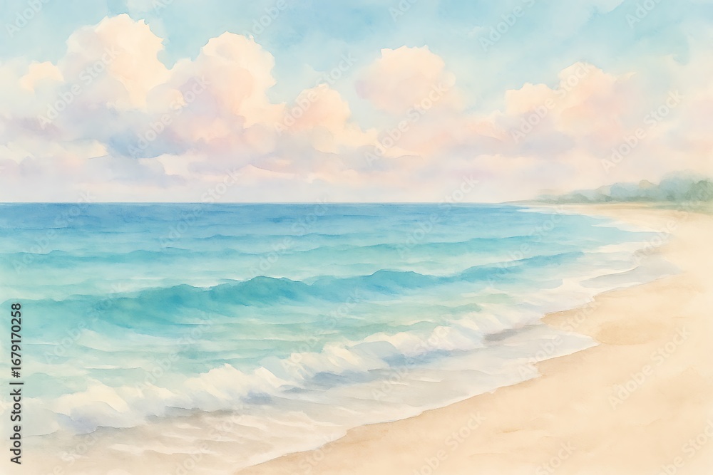 Fototapeta premium Serene watercolor illustration of a tropical beach with calm ocean waves and a summer sky for a relaxing vacation background.
