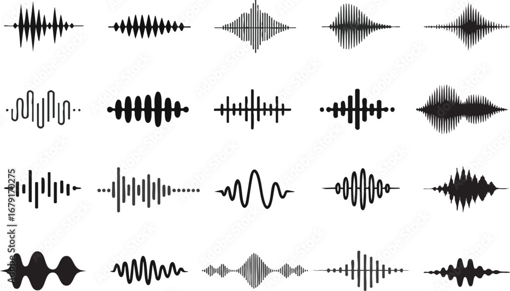 Fototapeta premium Podcast sound waves. Audio waveforms line icons, sound wave frequency or voice microphone signals. Music, podcast and broadcast, UI and audio branding design. Isolated vector set