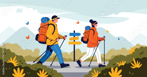 Two hikers with backpacks and trekking poles walk on a pathTwo hikers with backpacks and trekking poles walk on a path