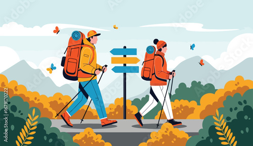 Two hikers with large backpacks and trekking poles walk past a directional signpost in a scenic mountain landscape