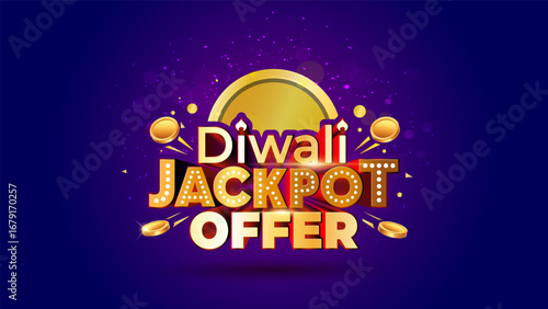 Sale promotional game concept - Diwali jackpot offer 3d logo design with gold coins on blue background.