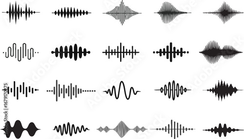 Podcast sound waves. Audio waveforms line icons, sound wave frequency or voice microphone signals. Music, podcast and broadcast, UI and audio branding design. Isolated vector set
