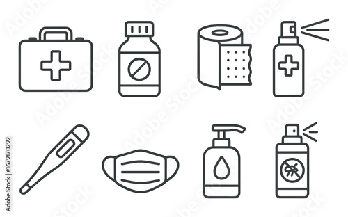 Essential covid-19 health icons including first aid, medicine, sanitizer, soap, and mask