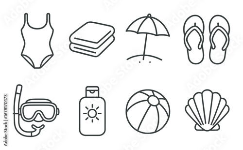 Beach essentials icons: swimsuit, towels, umbrella, flip-flops, snorkel, sunscreen, beach ball, shell