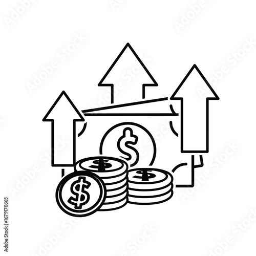 Money icon. Currency increase. Stack of coins and banknotes with three rising arrows. paying, economy, financial. Outline design style.