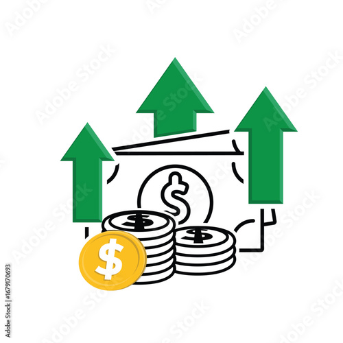 Money icon. Currency increase. Stack of coins and banknotes with three rising arrows. paying, economy, financial. Mixed design style.
