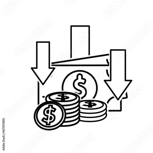Money icon. depreciation. Stack of coins and banknotes with three downward arrow. paying, economy, financial. Outline design style.