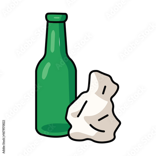 Illustration Vector Graphic Cartoon of a Green Glass Bottle with Crumpled White Tissue Paper