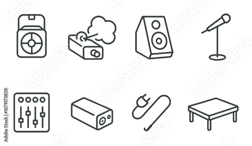 Minimalist audio equipment icons: speakers, microphone, dj controller, and effects units