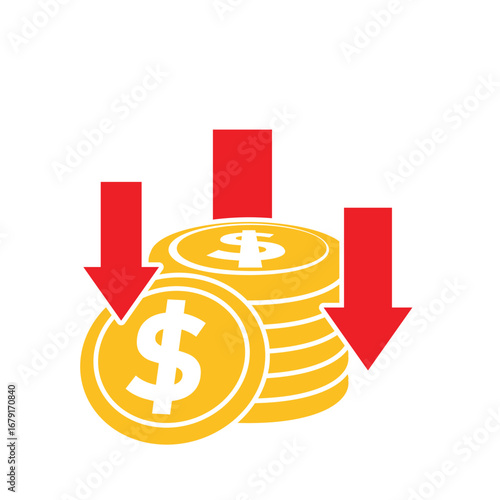 Money icon. Currency depreciation. Stack of coins and a down arrow. paying, economy, financial. Flat design style.